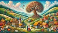 Colorful illustration of a serene village landscape