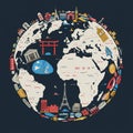 Colorful illustration showcasing an abstract world map with iconic Royalty Free Stock Photo