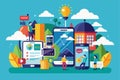 A colorful illustration shows people interacting with various mobile devices in a lively, creative landscape, Mobile life Royalty Free Stock Photo