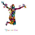 Colorful illustration with silhouette of woman jumping and colo