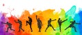 Colorful illustration silhouettes of boxers, thai boxers, kickboxers. Unity sports boxing, Thai boxing, kickboxing.