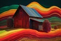 A colorful illustration of a small barn with a rainbow background.