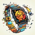 Colorful Illustration of Smart Watch with Deconstructed Pieces