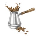 Colorful illustration of splash in cezve and coffee beans