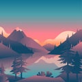 Colorful illustration of spruce trees in the mountains at sunset Royalty Free Stock Photo