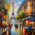 Colorful illustration of a street view of Paris.