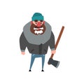 Strong woodcutter standing with axe in hand. Lumberjack with frozen beard. Cartoon man character dressed in gray winter Royalty Free Stock Photo