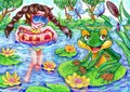 Colorful illustration of the girl swimming summer pond and a frog Royalty Free Stock Photo