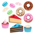 Colorful illustration of sweets which includes cakes, donuts, meringues, macaroons.