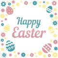 Colorful illustration with the title Happy Easter and flowers on white background.