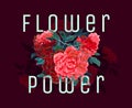 Colorful illustration with titling `Flower power`. Boho stylish decorative composition with vivid pink flowers.