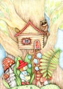 Colorful illustration, a tree house for a cute gnome, bright fly agarics, blue bells.