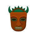 Tribal Tiki mask with green horns and big teeth. Ritual symbol. Flat vector element for mobile game or promo flyer or