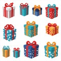 Colorful illustration of twelve different gift boxes on a white background. Royalty Free Stock Photo