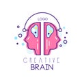 Two people profiles in brainstorming process. Creative brain symbol in outline style with pink fill. Concept of idea