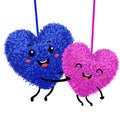 Colorful illustration of two soft toy in the shape of a heart embrace and fall in love