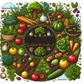 A colorful illustration various fruits and vegetables, including apples