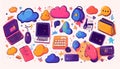 Colorful illustration of various tech devices, clouds, speech bu Royalty Free Stock Photo