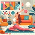 Colorful illustration of a woman doing yoga at home.