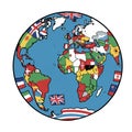 Colorful illustration of a world map designed within a globe. Each country is filled with Royalty Free Stock Photo