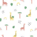 Colorful illustration with yellow and pink giraffes, tropcal trees and rainbows