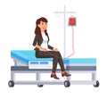 Young woman is sitting on the hospital bed donating blood, cartoon style