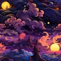 Colorful illustrations of clouds and moon in intricate psychedelic landscapes (tiled)