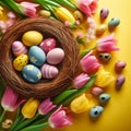 This is a colorful image of a birdâs nest filled with Easter eggs and surrounded by tulips on a yellow background Royalty Free Stock Photo