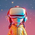 Colorful image of a cartoon-style robot child immersed in a virtual reality experience, with a sparkling starry background