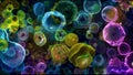 A colorful image of a diverse community of bluegreen algae with different species and shapes of cells ed together