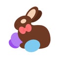 Colorful image for Easter. Chocolate bunny with pink bow and colorful Easter eggs. Vector illustration isolated on white