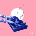 Colorful image of female hands spinning retro vinyl record player like a dj isolated over pink background. Contemporary Royalty Free Stock Photo