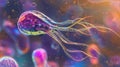 A colorful image of a flagellated protozoa with its whiplike flagella in motion. The cell is gliding through a drop of