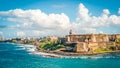 Panoramic landscape of historical castle El Morro along the coastline, San Juan, Puerto Rico. Royalty Free Stock Photo