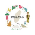 Colorful image, frame art, circle design with animals, landmarks, symbols of Madagascar island