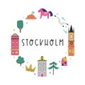 Colorful image, frame art, circle design with animals, landmarks, symbols of Stockholm city, Sweden Royalty Free Stock Photo