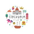 Colorful image, frame art, circle design with animals, landmarks, symbols of Stockholm city, Sweden Royalty Free Stock Photo