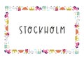 Colorful image, frame art, ribbon with animals, landmarks, symbols of Stockholm city, Sweden Royalty Free Stock Photo