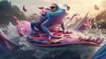 Colorful scene with a frog on a surfboard. Created using ai generative. Royalty Free Stock Photo