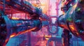 A colorful image of a large industrial pipe system with pipes and valves, AI