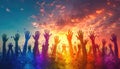 A colorful image of many hands reaching up in the air by AI generated image Royalty Free Stock Photo
