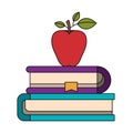 Colorful image of pair of books with bookmark and apple