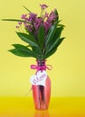 Colorful image of pink dried flowers with large green leaves in a ribbed pink vase for Mother`s Day Royalty Free Stock Photo