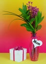 Colorful image of pink dried flowers with large green leaves in a ribbed pink vase for mother`s day Royalty Free Stock Photo