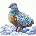 Colorful image of a quail in the snow in winter. AI generated