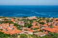 Aerial view of greek town of Molyvos Mithymna, Greece. Royalty Free Stock Photo