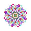 CIRCLES AND FLOWER MANDALA. PLAIN WHITE BACKGROUND, COLORFUL IMAGE IN RED, PURPLE, LILAC, VIOLET, GREEN, TURQUOISE. Royalty Free Stock Photo