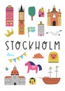 Colorful image, vertical poster, design with buildings, landmarks, symbols of Stockholm city, Sweden Royalty Free Stock Photo