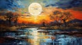 Colorful Impressionism: River And Moon Landscape Painting