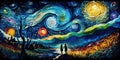 Colorful impressionist night sky landscape. Swirling color spirals of planets and starts. Silhouettes walking down a forest path.